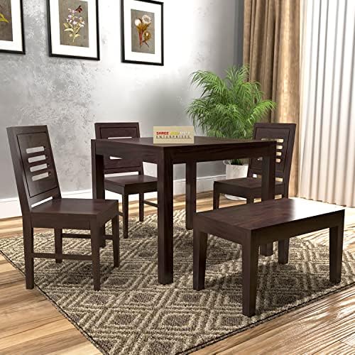 Jeenwood Solid Sheesham Wood 4 Seater Dining Table with 3 Chairs & 1 Bench Seating | Wooden Dining Table Set | Dining Table 4 Seater for Dining Room Restaurant & Hotel - Brown