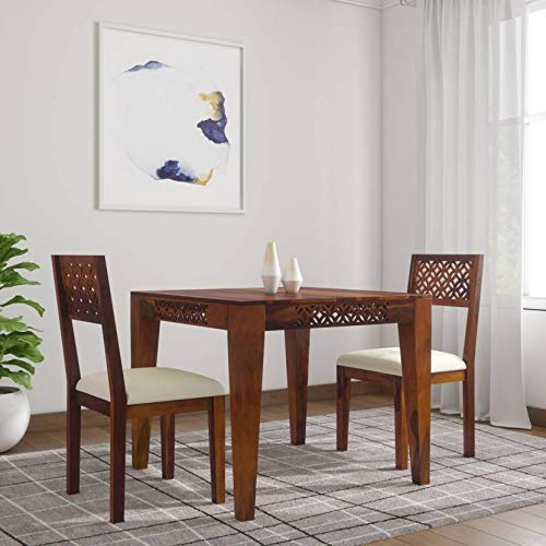 Jeenwood Solid Sheesham Wood 2 Seater CNC Dining Table with Cushion Chairs for Home Living Room Wooden Furniture Dinner Table for Hall Hotels - Brown