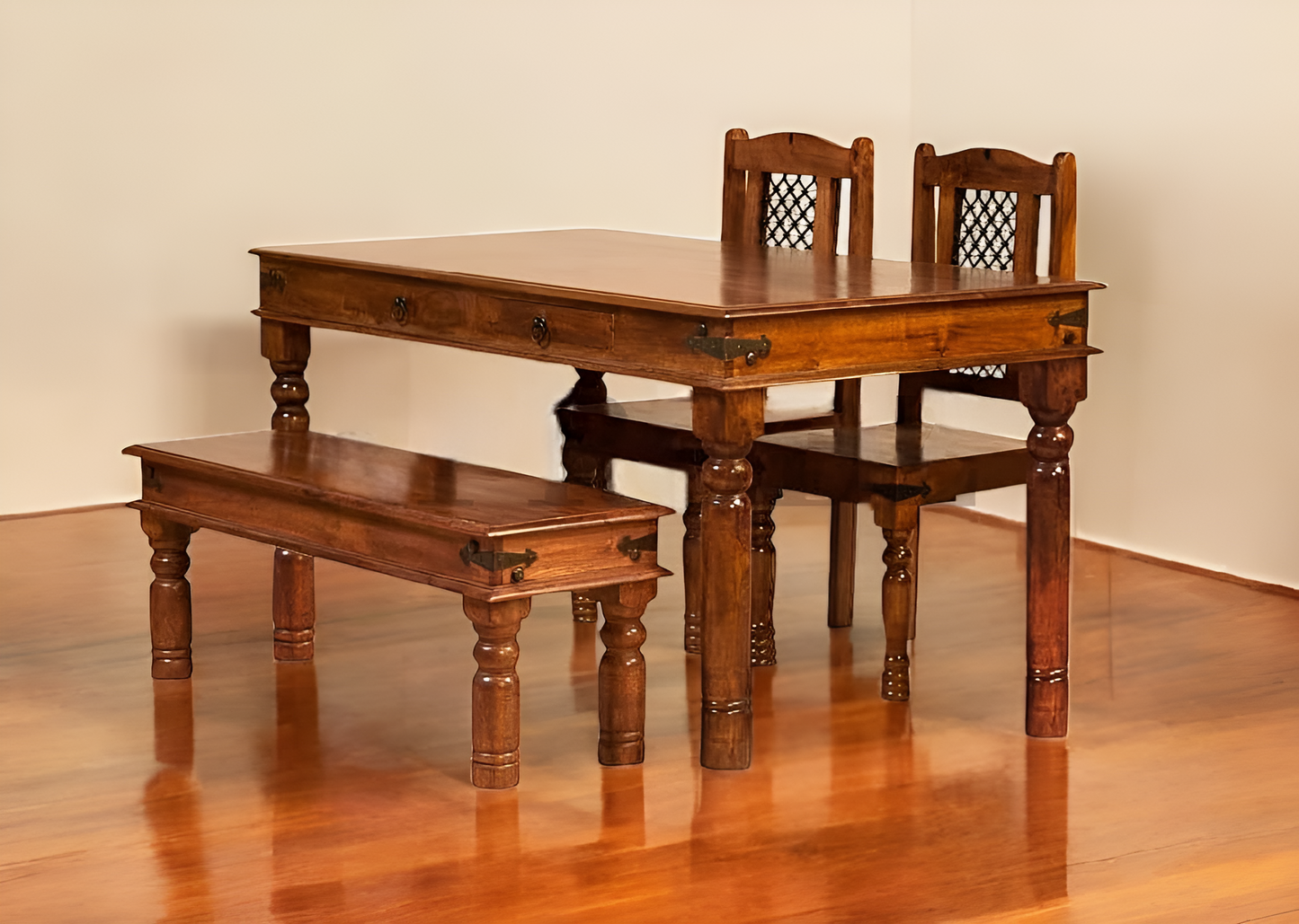 Solid Wood 4 Seater Dining Table Set with 2 Chairs and 1 Bench