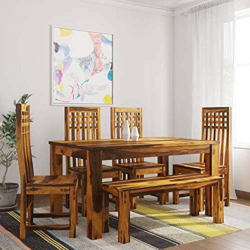 Jeenwood Sheesham Wood Dining Table 6 Seater | Dinning Table with 4 Chairs & Bench | Dining Room Furniture - Brown