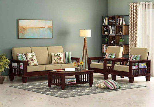 Jeenwood Wooden 5 Seater Sofa Set for Living Room, 3+1+1 Seater Sofa for Office & Lounge, Five Seater Sofa Sets with Side Magzine & Newspaper Holder for Home, Sheesham Wood, Mohagany Finish - Mahogany Finish