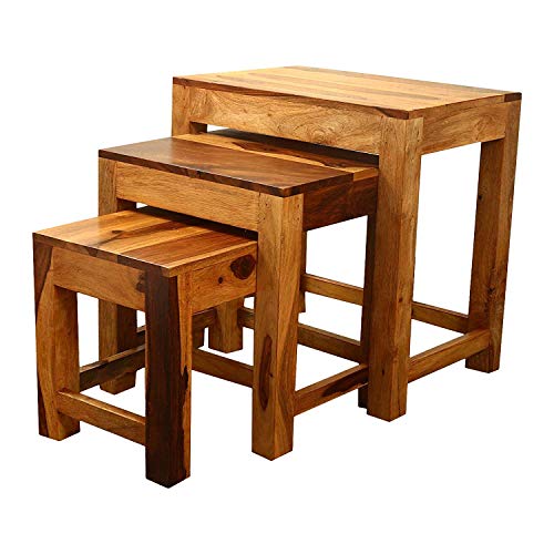 Jeenwood Solid Sheesham Wood Nesting Table Set of 3 Stools, Bedside Table, Side Table, Living Room, Sofa Side Table - Natural Brown - Natural