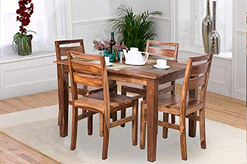 Jeenwood Wooden Solid Sheesham Wood Dining Table 4 Seater, Wooden Dining Table Set with 4 Chairs, Home Dining Room Furniture Teak Wood Dining Table 4 Seater, Brown Teak Finish - Honey Teak Finish