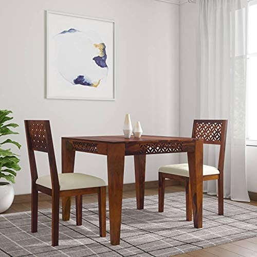 Jeenwood Solid Sheesham Wood 2 Seater Dining Table Set with Chairs, Wooden Dining Set Funiture with Cushion for Living Room, Dining Room, Dining Room Sets - Honey Finish - Honey Finish 1
