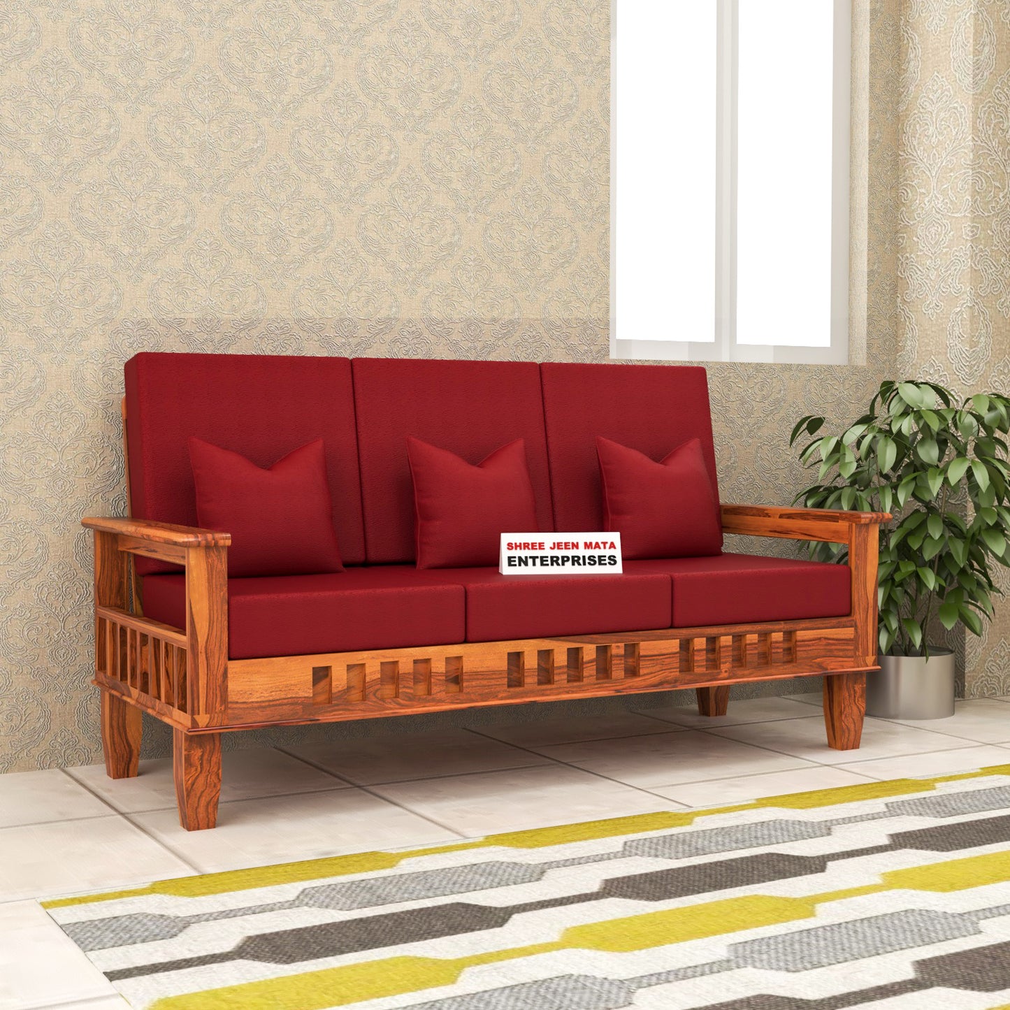 Solid Wood Three Seater Sofa with Cushioned Seating | Natural & Walnut Finish Wooden Sofa