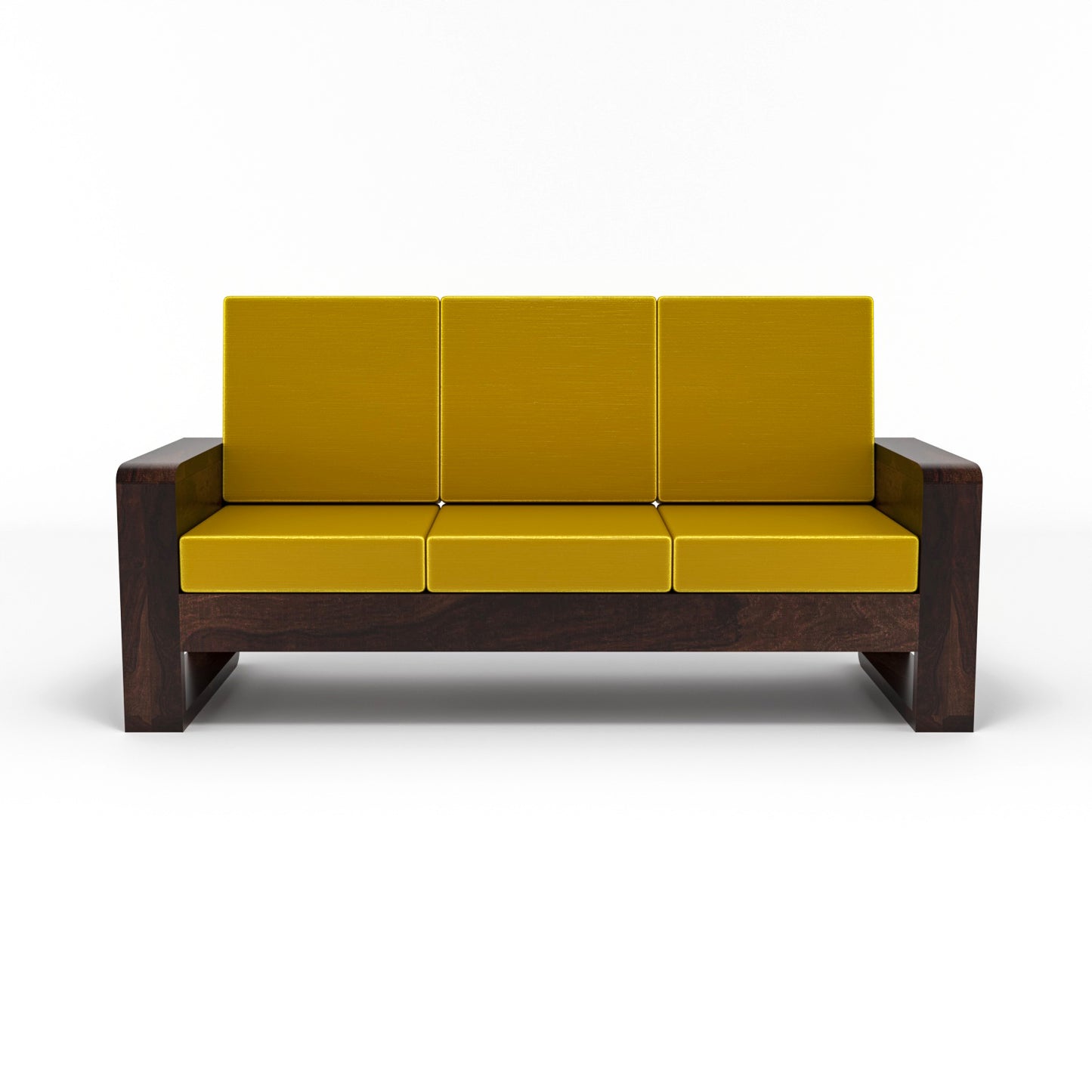 Solid Wood 3 Seater Sofa | Natural & Walnut Finish Wooden Sofa with Cushioned Seating