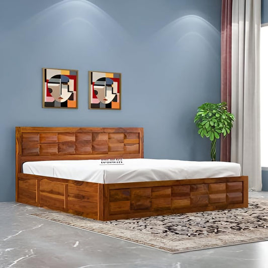 Jeenwood Sheesham Wooden Queen Size Bed with Box Storage - Wooden Queen Size Cot Bed with Storage | Solid Wood Palang Double Bed for Bedroom Living Room Furniture - Walnut