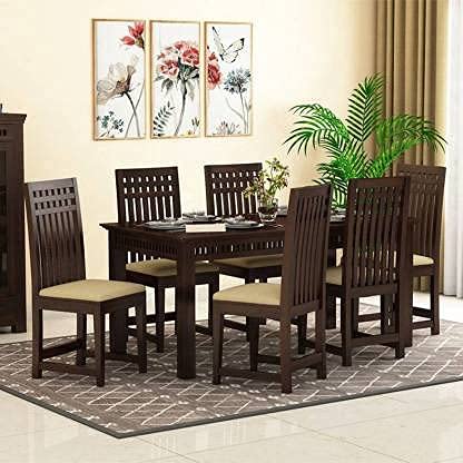 Jeenwood Sheesham Wood Dining Table 6 Seater / 6 Seater Dining Set with Chairs for Dining Room Walnut Color - Brown