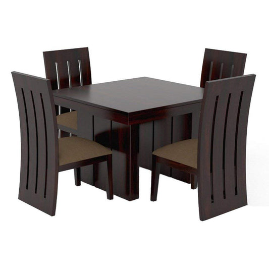 Jeenwood Sheesham Wood Dining Table 4 Seater | Dinning Table with 4 Chairs Including Brown Cushions | Dining Room Furniture - Brown