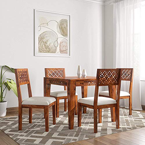 Jeenwood Solid Sheesham Wood Dining Set 4 Seater | Living Room Furniture | Seating Capacity : 4 Seater | Dining Room Furniture | Finish Type :- Teak Finish - Teak Finish