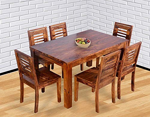 Jeenwood Teak Wood 6 Seater Dining Table | Sheesham Wood 6 Seater Dining Table with 6 Chairs Set for Living Room | Home | Hall | Hotel | Solid Wood Dining Table - Teak Finish 1