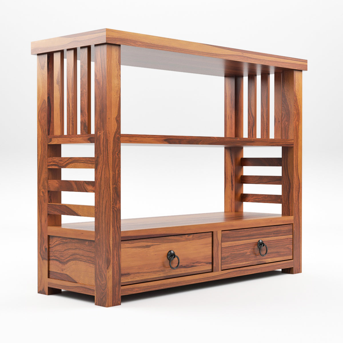 Solid Teak Wood Open Bookshelf with Storage Drawers – 2-Shelf Display & Storage Unit