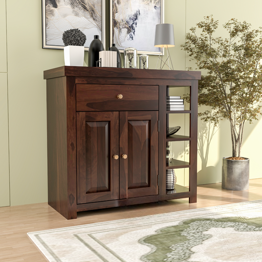 Solid Sheesham Wood Storage Sideboard Cabinet with Drawer & Open Shelves