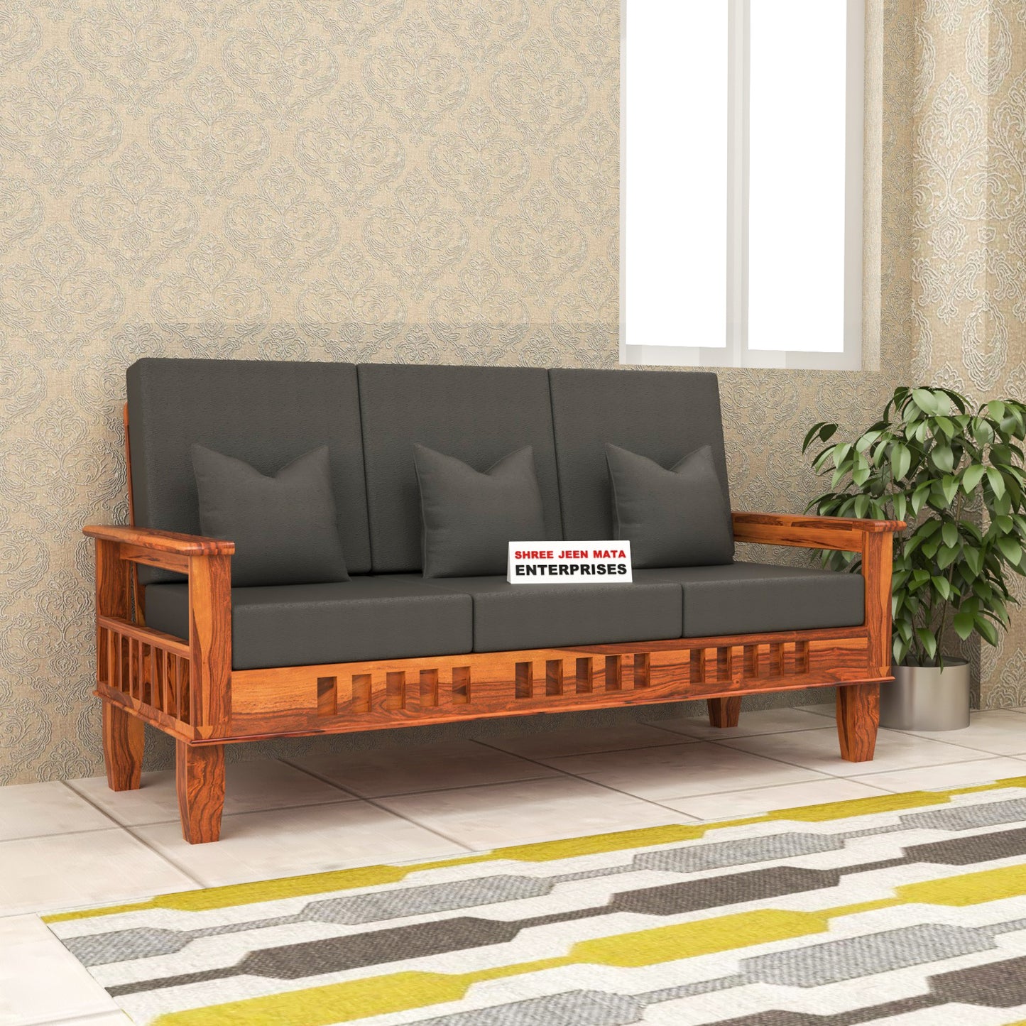Solid Wood Three Seater Sofa with Cushioned Seating | Natural & Walnut Finish Wooden Sofa