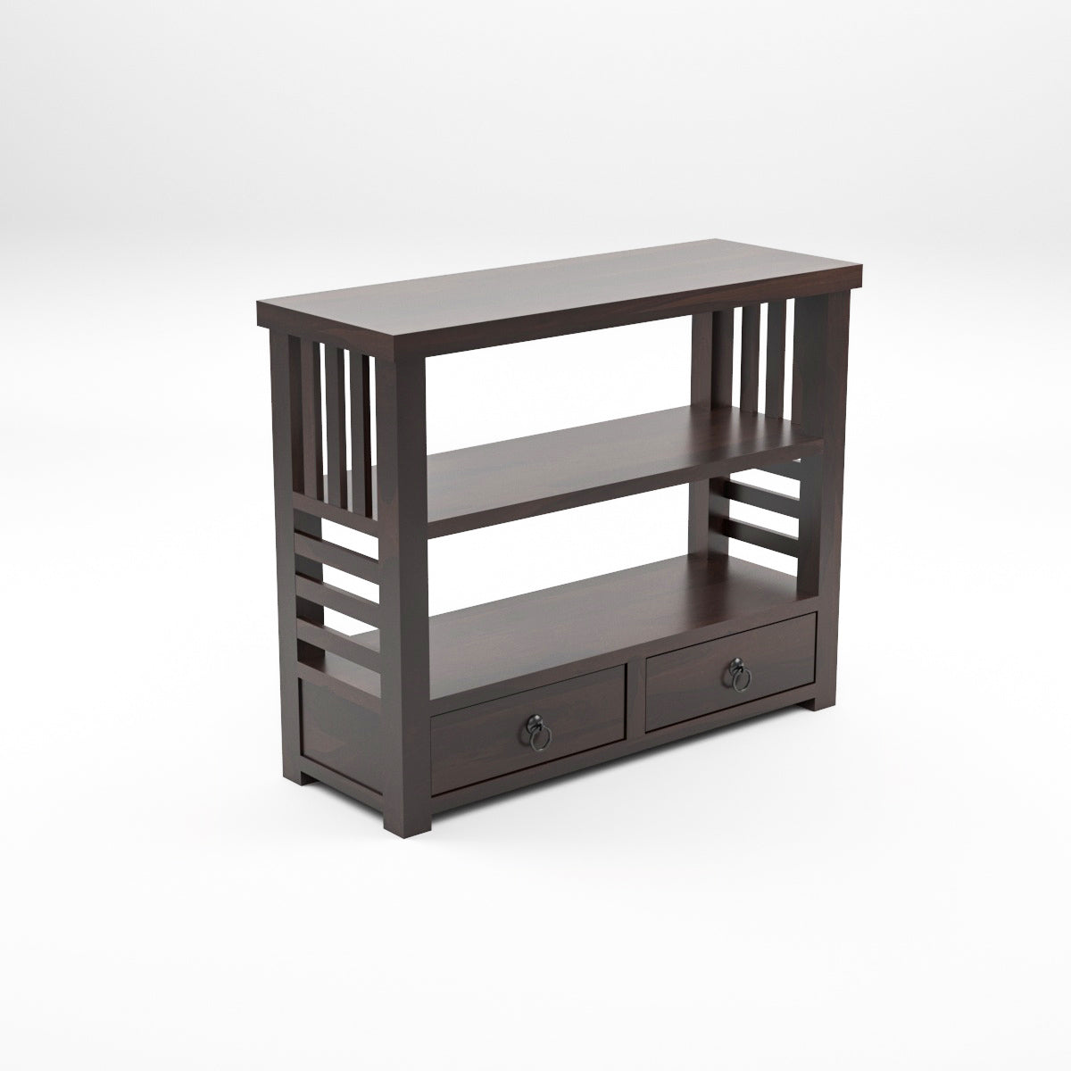 Solid Teak Wood Open Bookshelf with Storage Drawers – 2-Shelf Display & Storage Unit
