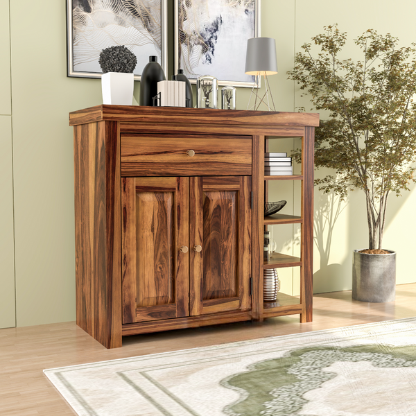 Solid Sheesham Wood Storage Sideboard Cabinet with Drawer & Open Shelves