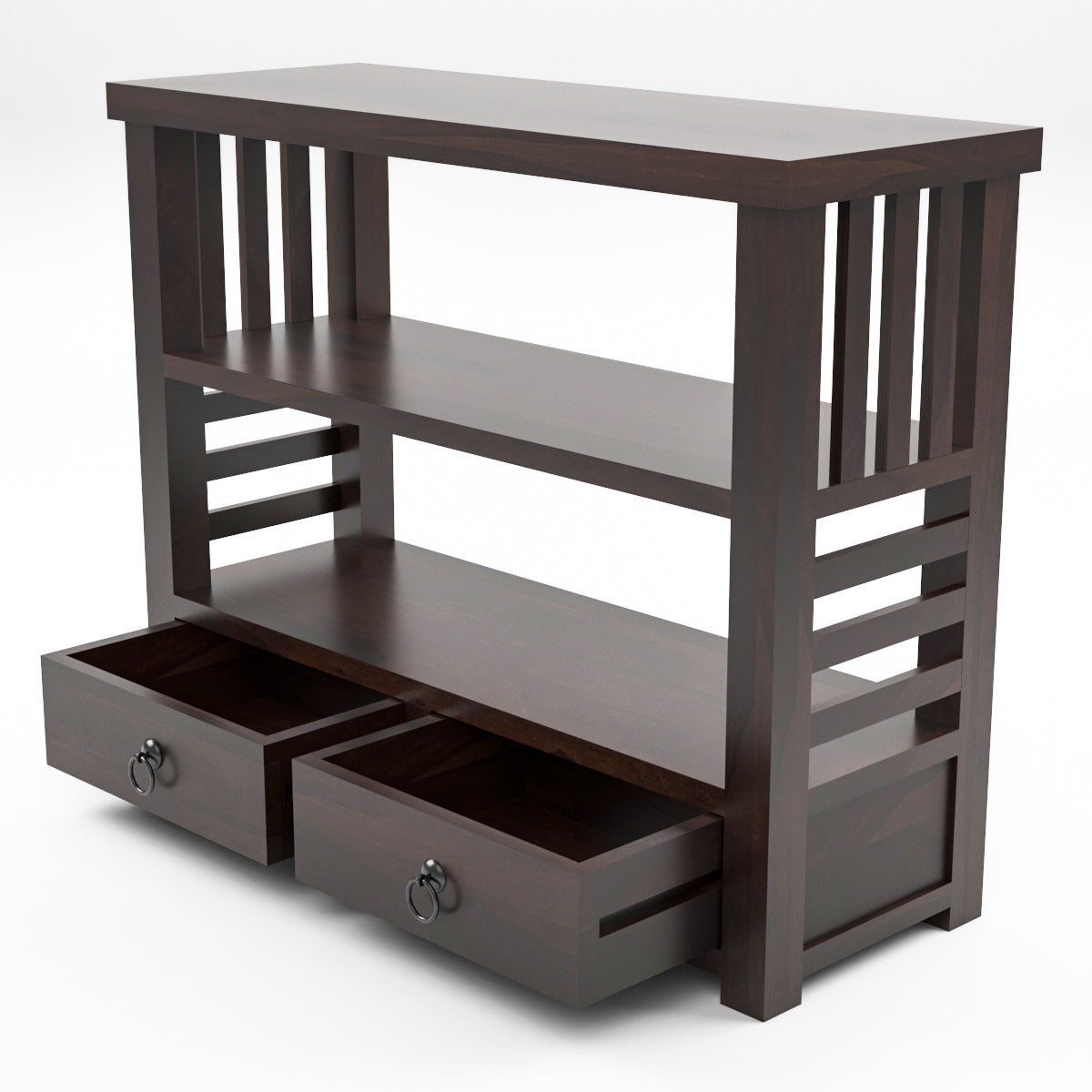 Solid Teak Wood Open Bookshelf with Storage Drawers – 2-Shelf Display & Storage Unit