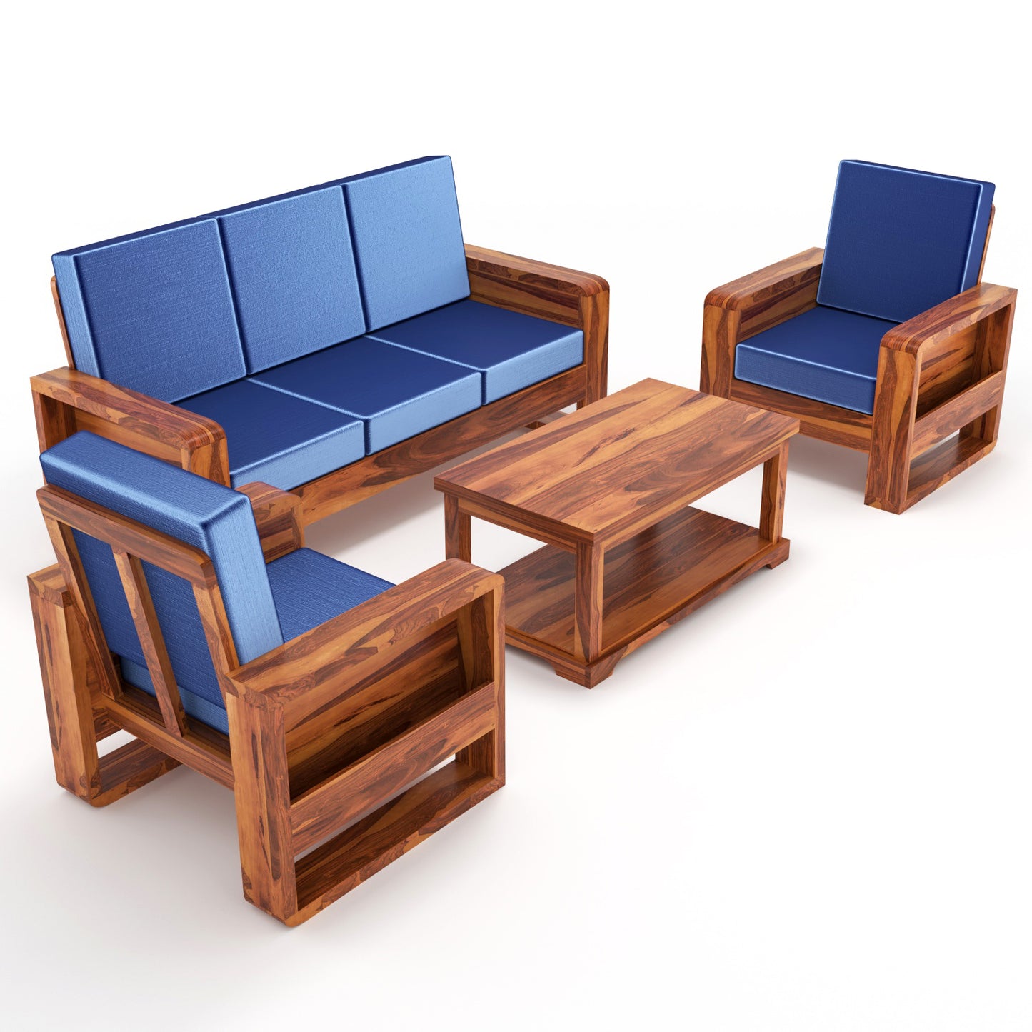 Solid Wood 5 Seater Sofa Set (3+1+1) | Natural & Walnut Finish Wooden Sofa with Cushions