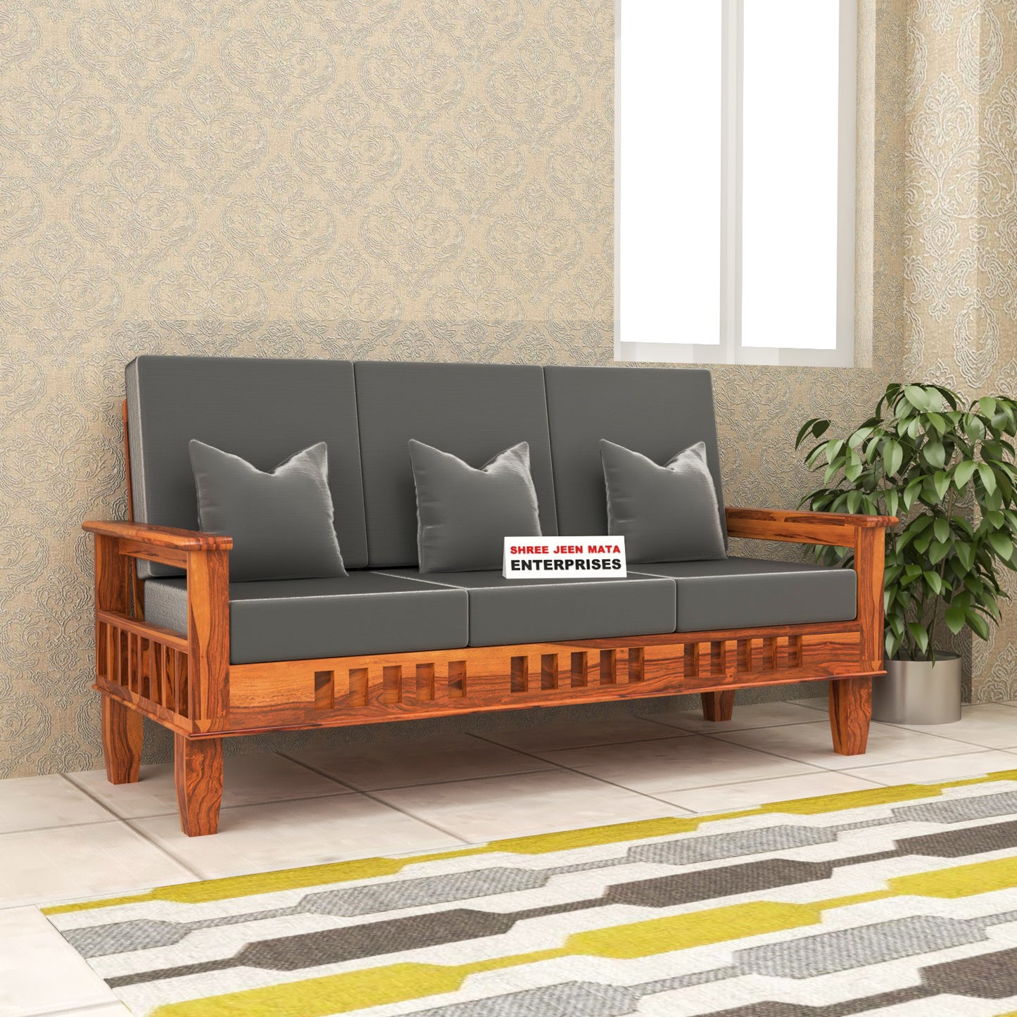 Solid Wood Three Seater Sofa with Cushioned Seating | Natural & Walnut Finish Wooden Sofa