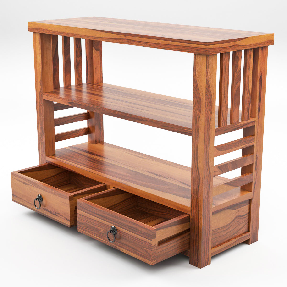 Solid Teak Wood Open Bookshelf with Storage Drawers – 2-Shelf Display & Storage Unit