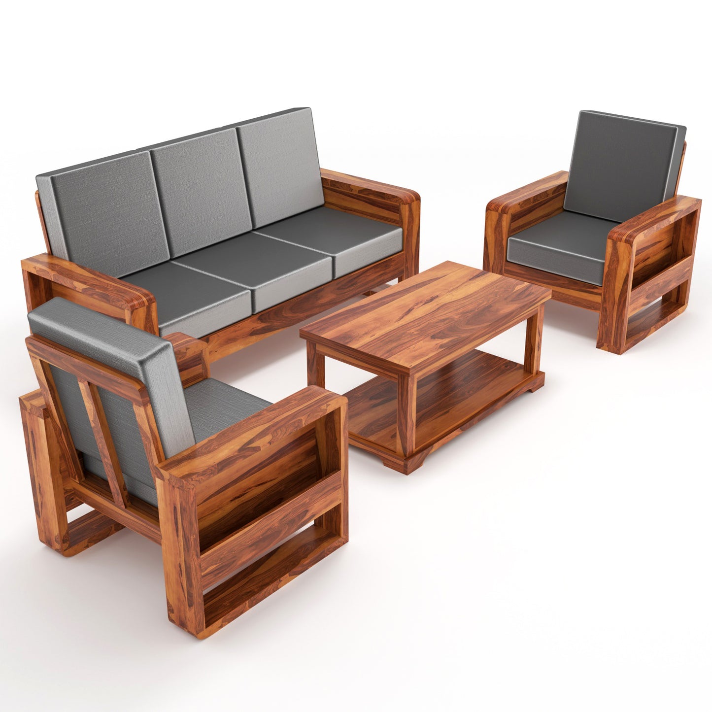 Solid Wood 5 Seater Sofa Set (3+1+1) | Natural & Walnut Finish Wooden Sofa with Cushions
