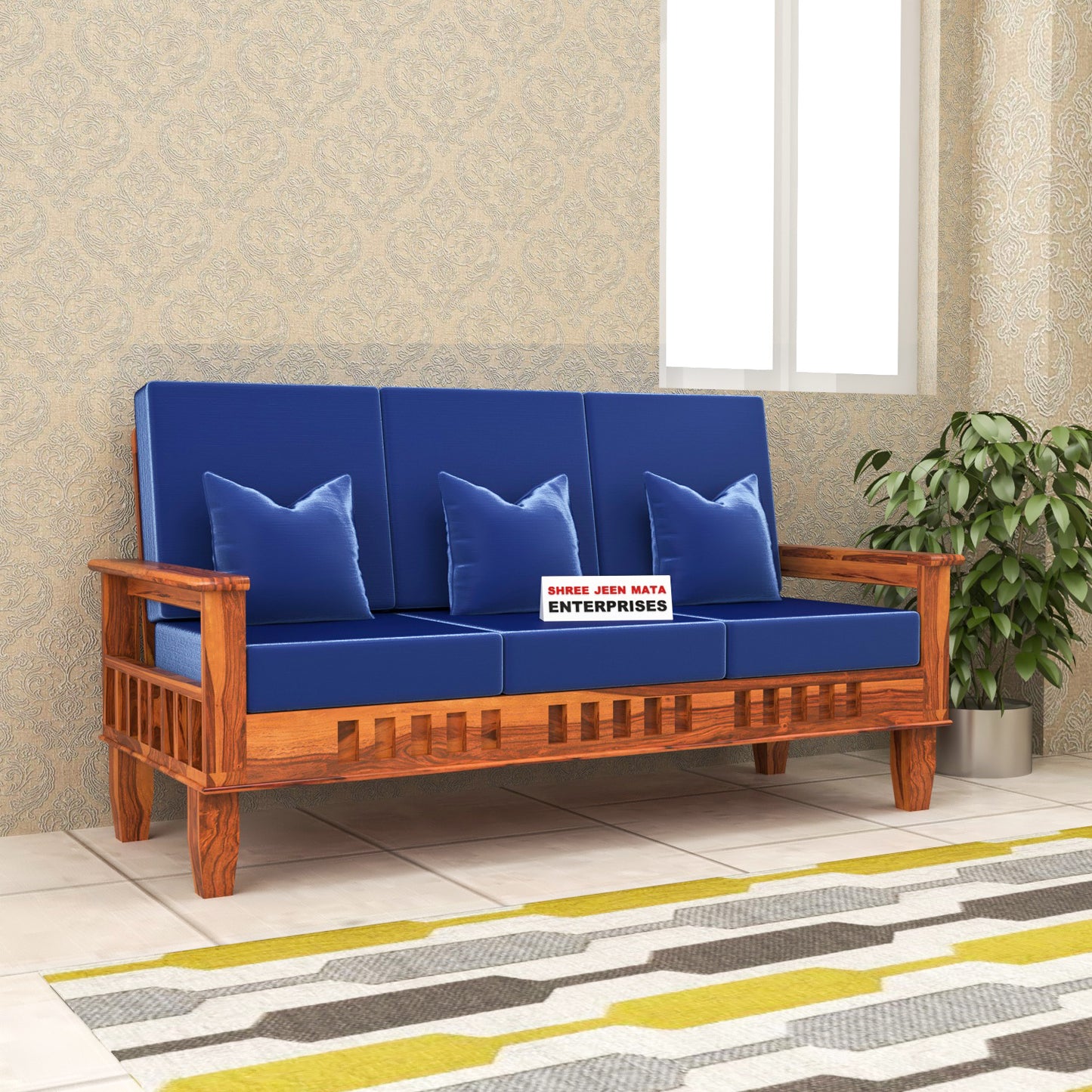 Solid Wood Three Seater Sofa with Cushioned Seating | Natural & Walnut Finish Wooden Sofa