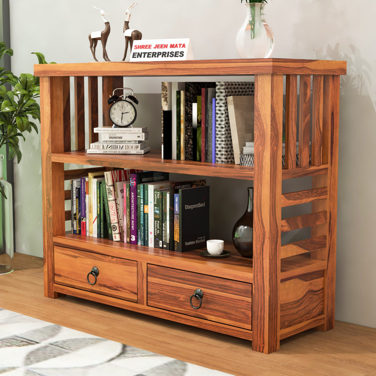 Solid Teak Wood Open Bookshelf with Storage Drawers – 2-Shelf Display & Storage Unit
