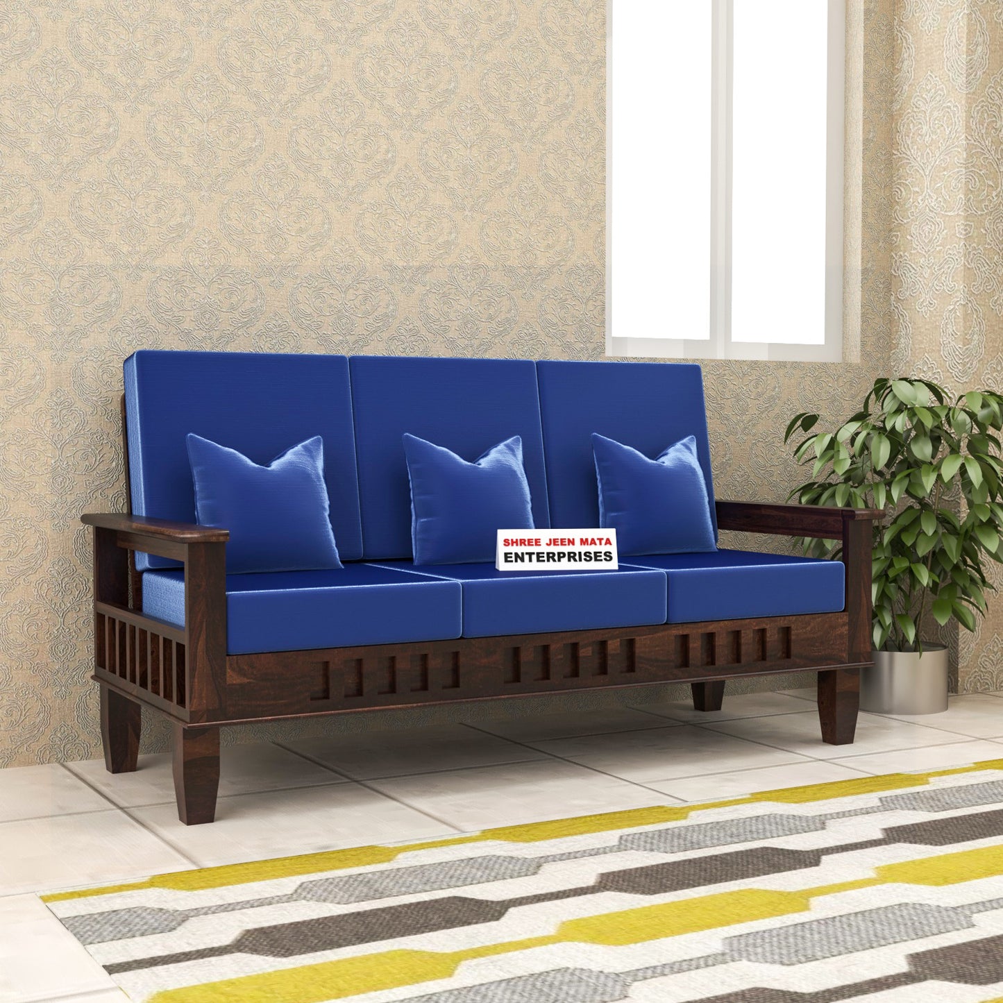 Solid Wood Three Seater Sofa with Cushioned Seating | Natural & Walnut Finish Wooden Sofa