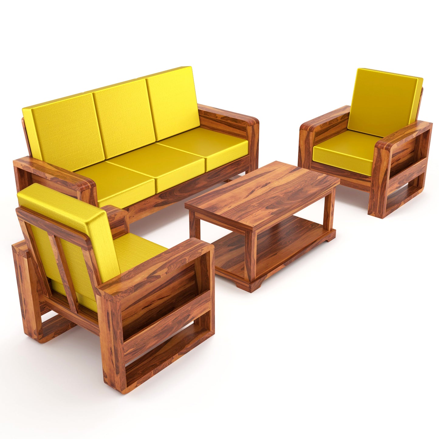 Solid Wood 5 Seater Sofa Set (3+1+1) | Natural & Walnut Finish Wooden Sofa with Cushions