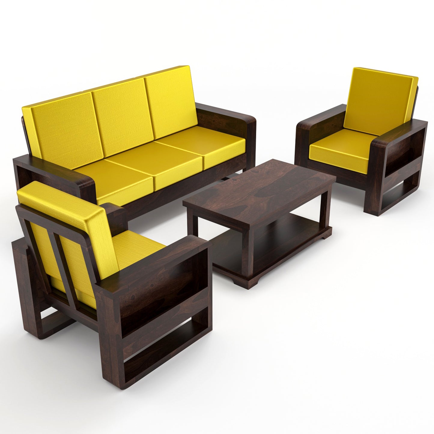 Solid Wood 5 Seater Sofa Set (3+1+1) | Natural & Walnut Finish Wooden Sofa with Cushions