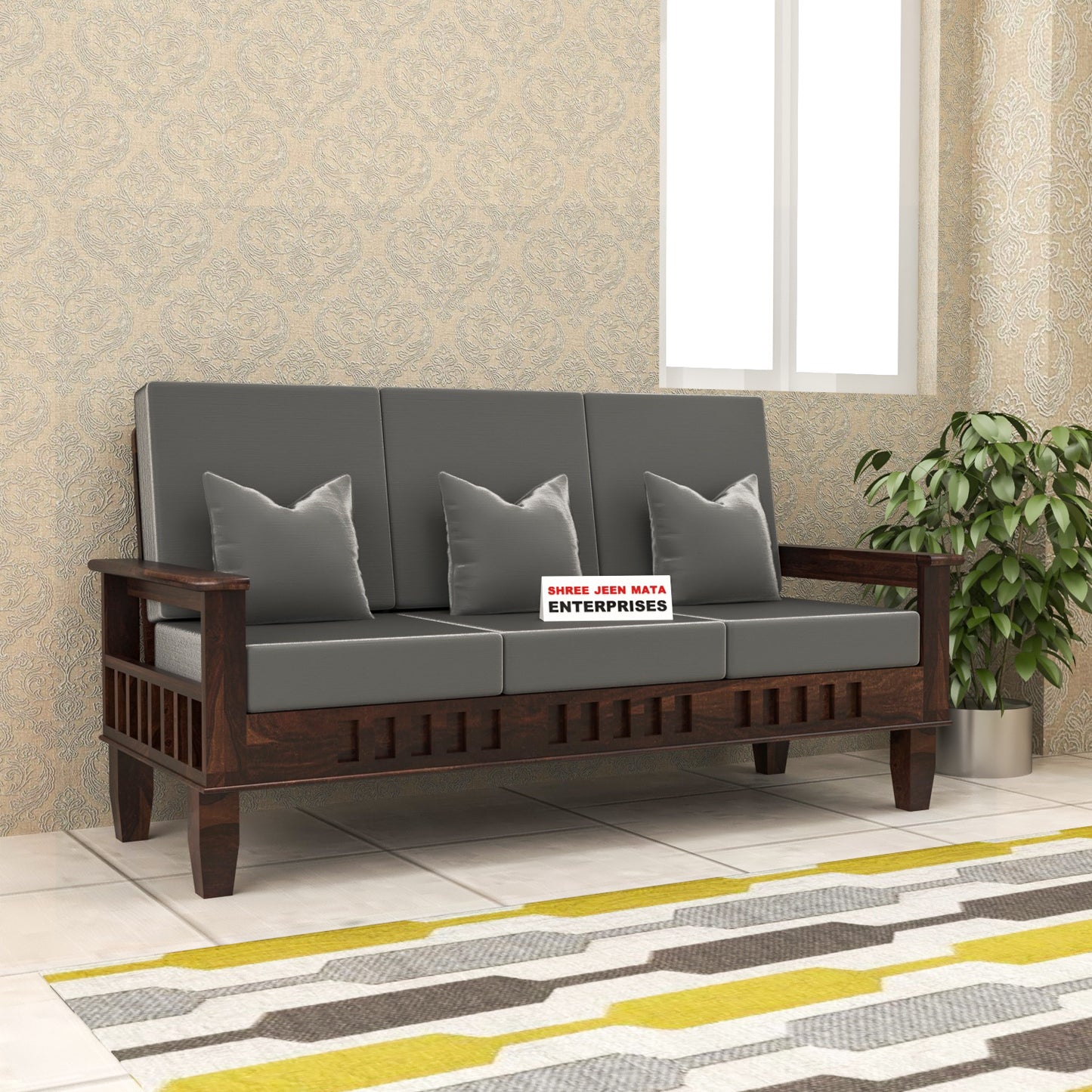 Solid Wood Three Seater Sofa with Cushioned Seating | Natural & Walnut Finish Wooden Sofa
