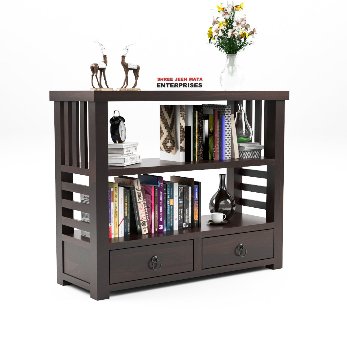 Solid Teak Wood Open Bookshelf with Storage Drawers – 2-Shelf Display & Storage Unit