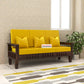 Solid Wood Three Seater Sofa with Cushioned Seating | Natural & Walnut Finish Wooden Sofa
