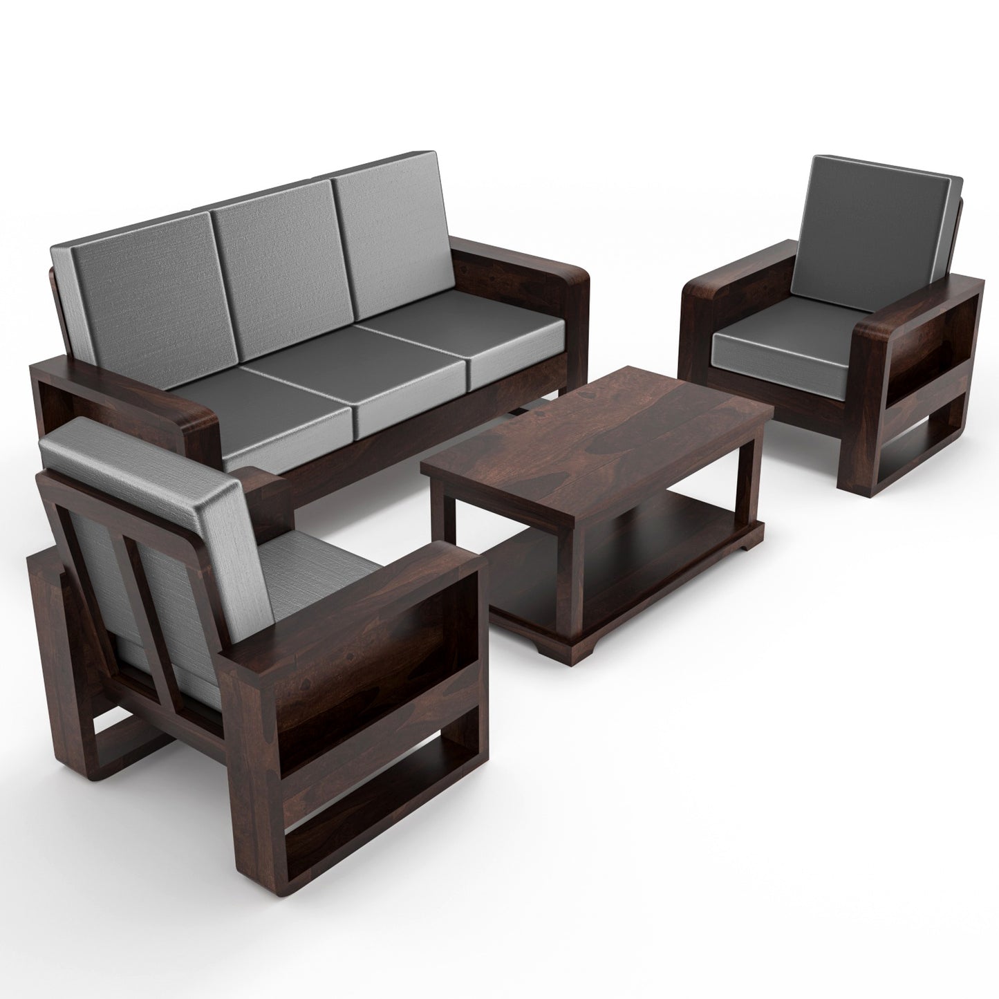 Solid Wood 5 Seater Sofa Set (3+1+1) | Natural & Walnut Finish Wooden Sofa with Cushions
