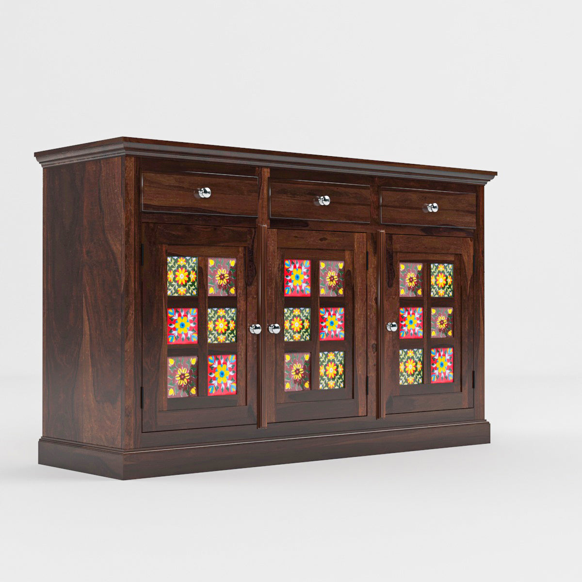 Solid Teak Wood Storage Cabinet with Handcrafted Tile Doors