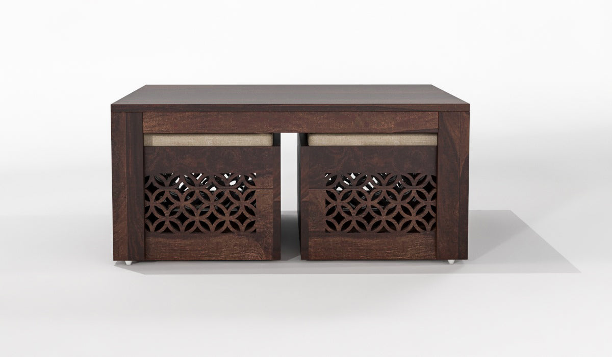 Handcrafted Solid Wood Coffee Table with Carved Ottoman Stools