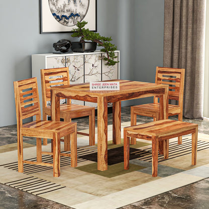 Solid Wood 4 Seater Dining Table Set with 3 Chairs and 1 Bench