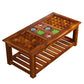Handcrafted Solid Wood Coffee Table with Carved & Tile-Inlay Top and Storage Shelf