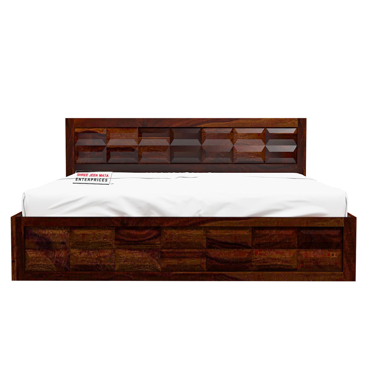 Solid Wood Queen Size Bed with Geometric Panel Headboard