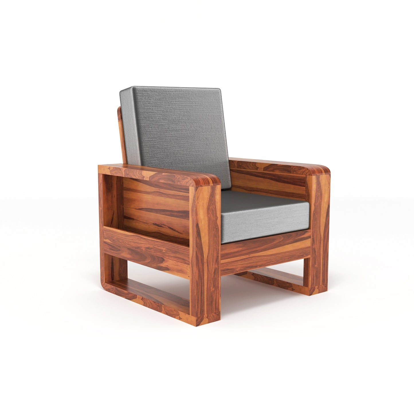 Solid Wood Single Seater Sofa | Natural & Walnut Finish Wooden Chair with Cushioned Comfort