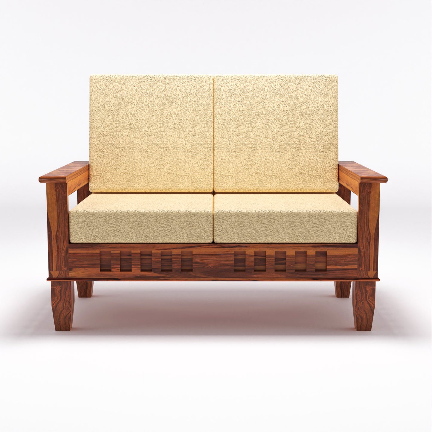 Premium Solid Wood 2 Seater Sofa with Cushions | Natural & Walnut Finish