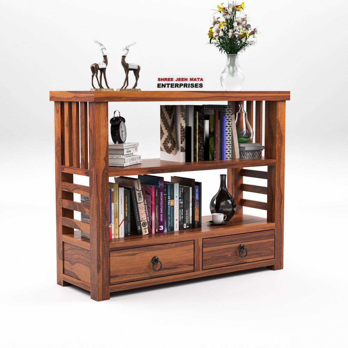 Solid Teak Wood Open Bookshelf with Storage Drawers – 2-Shelf Display & Storage Unit
