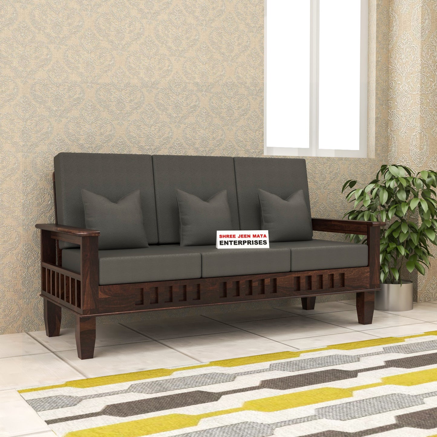 Solid Wood Three Seater Sofa with Cushioned Seating | Natural & Walnut Finish Wooden Sofa