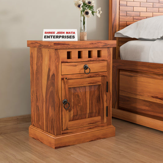 Solid Sheesham Wood Bedside Table with Drawer & Storage Cabinet