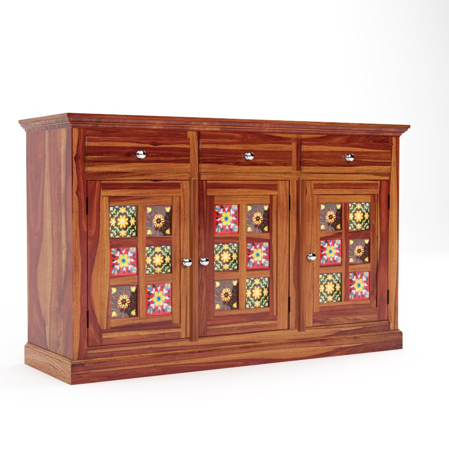 Solid Sheesham Wood Handcrafted Sideboard Cabinet with Hand-Painted Tile Doors