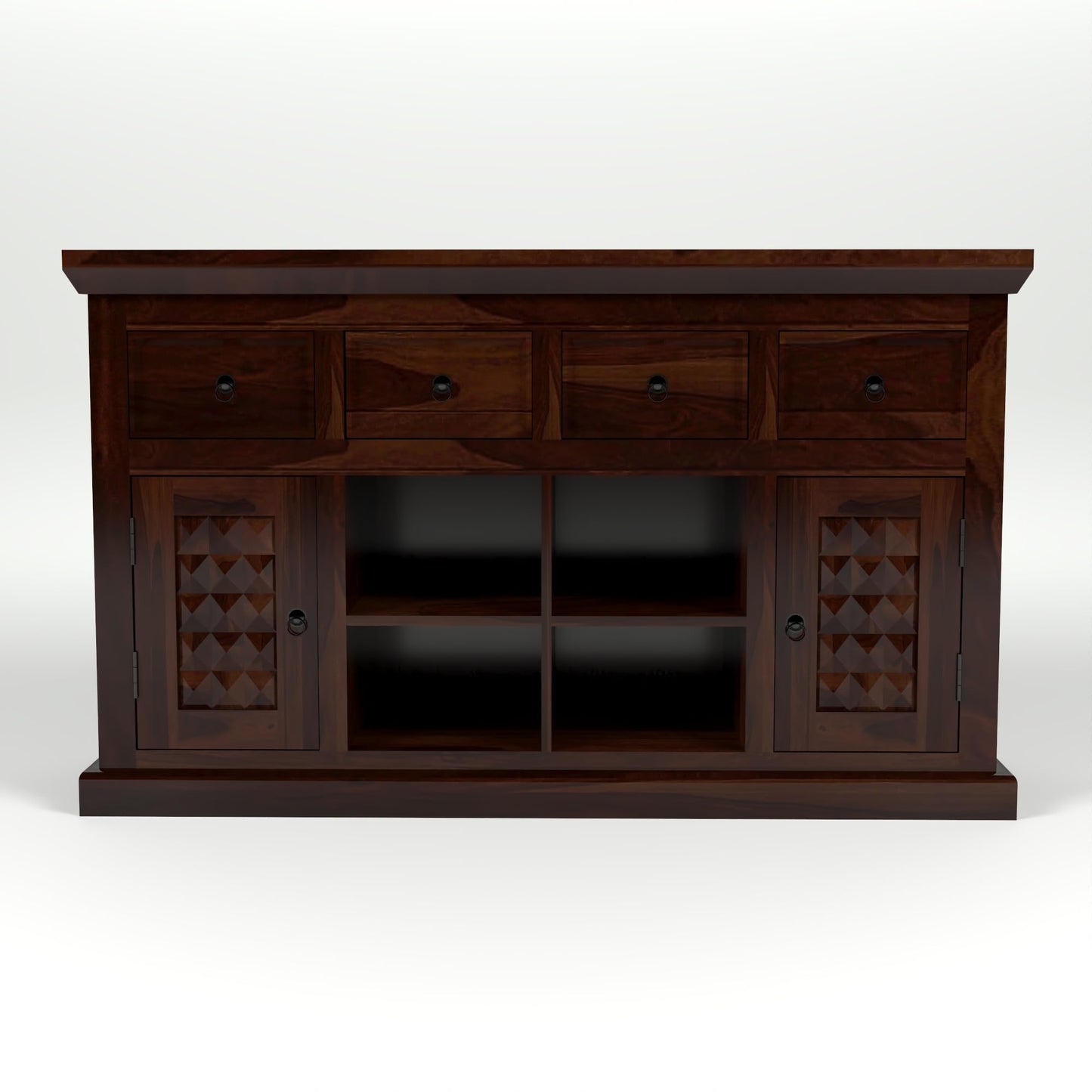 Jeenwood Sheesham Wooden Storage Cabinet for Living Room with 4 Drawer & 8 Shelves - Solid Wood Sideboard for Storage - Wooden Drawer Cabinet for Bedroom Home & Kitchen Cabinet - Walnut