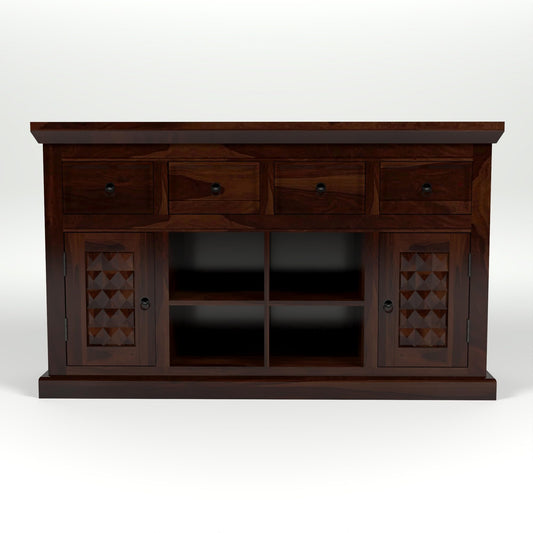 Jeenwood Sheesham Wooden Storage Cabinet for Living Room with 4 Drawer & 8 Shelves - Solid Wood Sideboard for Storage - Wooden Drawer Cabinet for Bedroom Home & Kitchen Cabinet - Walnut
