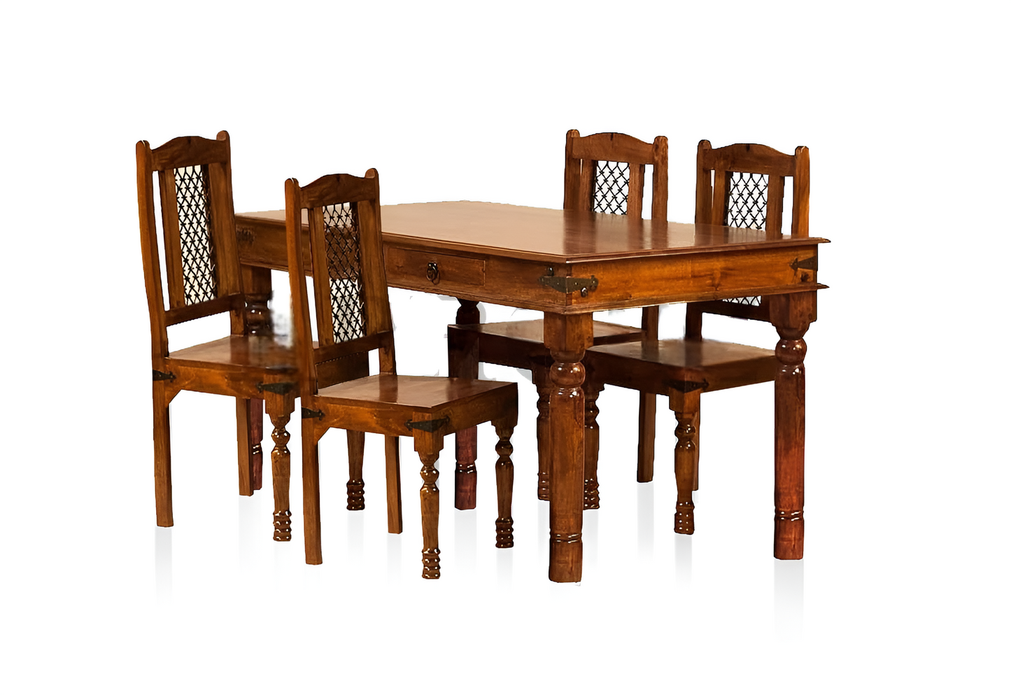 Solid Wood 4 Seater Dining Table Set with Wooden Chairs and Storage Drawer