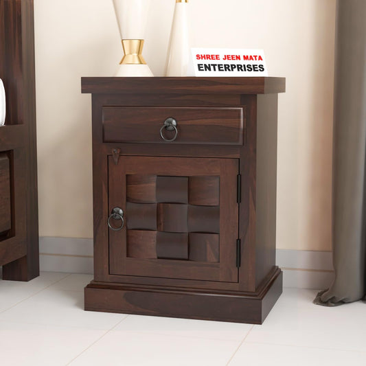 Jeenwood Sheesham Wood Bedside Table for Bedroom with 1 Drawer & 1 Door - Wooden Bedside Table with Drawer Storage Nightstand End Table for Living Room Sofa Side Tabl - Brown