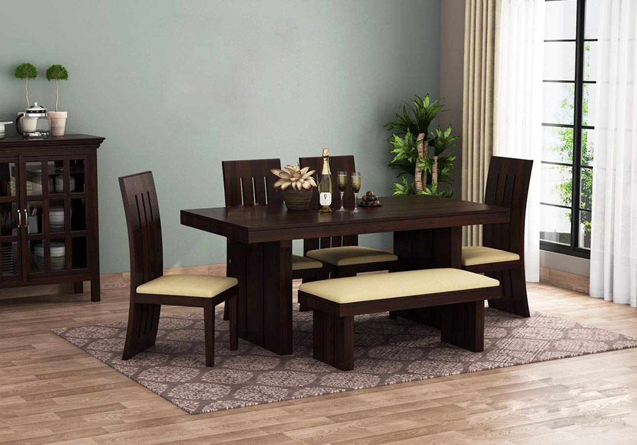 Jeenwood Wooden Dining Table 6 Seater | Six Seater Dinning Table with 4 Chairs & 1 Bench for Home | Dining Room Sets for Restraunts | Sheesham Wood, Dark Walnut Brown - Brown